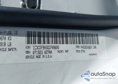 2013 Dodge Dart Sxt z USA, uszkodzony, nr VIN 1C3CDFBA3DD709695